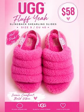 UGG Hot Pink Fluff Yeah Slingback Shearling Slides Size 9